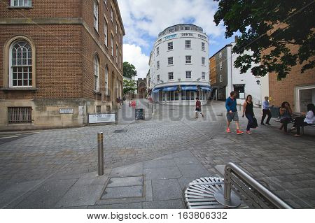 EXETER UK 11.07.2016: Exeter Streets. Castle St Musgrave Row. The Exeter Dental Center. Devon UK