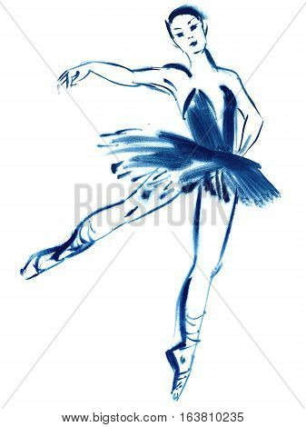 Blue ballerina drawing gouache. Isolated on white background