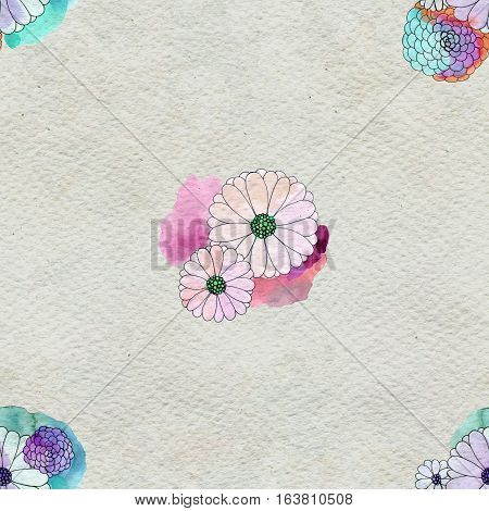 Seamless floral pattern with asters and daisy flowers. Floral watercolor background.