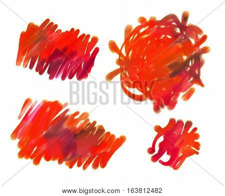 Abstract guasch painting. Blot. Blurred stain. Blank red spot. Freehand drawing. Conceptual illustration. Isolated on white background. Set