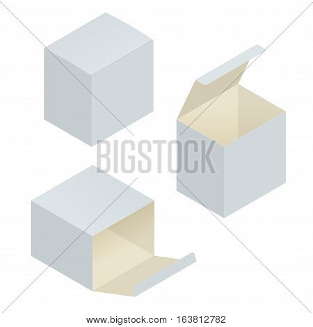 Open box. White blank cardboard package box in different positions. Vector template