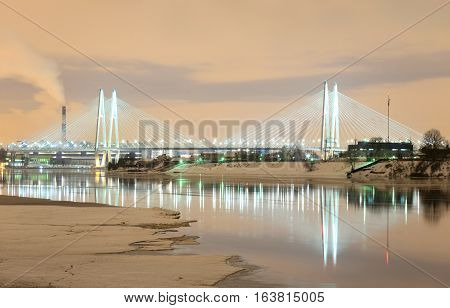 Cable-stayed bridge with illumination across the Neva River in St.Petersburg Russia.