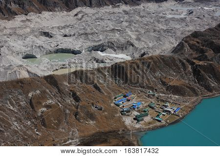 Travel destination in the Everest National Park Nepal. Ngozumpa glacier and lodges in Gokyo.