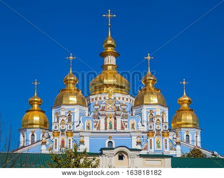St Michael Golden Domed Cathedral on blue sky background Kiev Ukraine.