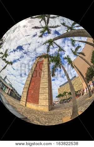 Fish eye view of the Clock Tower also named Former Kowloon-Canton Railway Clock Tower, a popular landmark in Tsim Sha Tsui in Kowloon, near Hong Kong Cultural Centre.