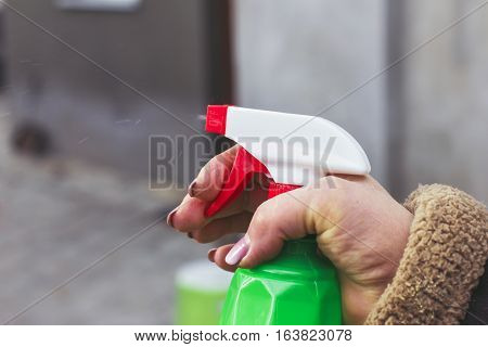 Spraying The Plants In The Garden, With Hand Spray,