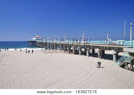 September 20 2016. Manhattan Beach California. People walking on the landmark manhattan beach pier in Manhattan Beach California on the pacific ocean.