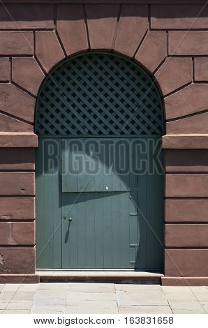The arched shaped Voussoir stones over a door at the historic Slave Market in Charleston, South Carolina