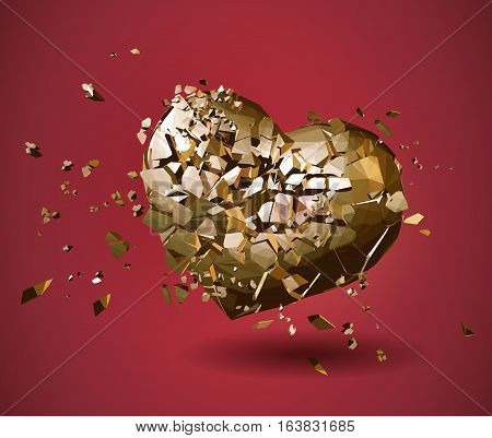 Broken golden polygonal heart illustration on red background