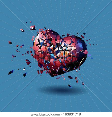 Red polygonal broken heart illustration on shining line and blue turquoise background