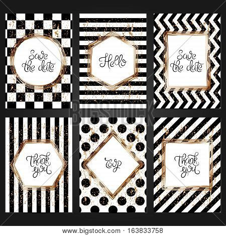 Collection of 6 vintage card templates in black and white colors and with copper frame. For the wedding marriage save the date cards invitations greetings. Grunge retro design with copper paint.