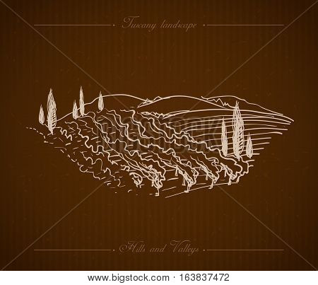 Tuscany landscape with fields, hills. Hand drawn vineyard or olives gardens rural landscape. Travel sketch old farm house. For farmer brochure travel, label. Vector illustration stock vector.