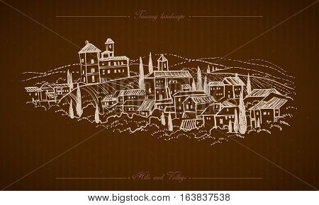 Tuscany landscape with fields hills. Horizontal hand drawn vineyard or olives gardens rural landscape. Travel sketch old farm house. For farmer brochure travel label. Vector illustration stock vector