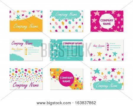 Set of Business Cards with hand drawn design elements made with ink in bright pink, yellow, white and mint colors. Modern abstract style for identity design. Vector illustration.