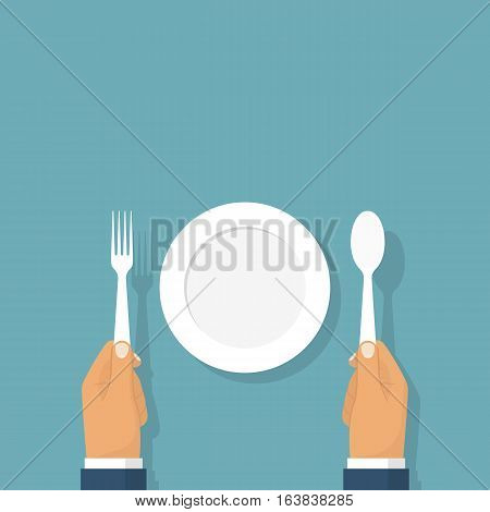 Spoon fork holding in the hands of men. Sitting at a table in front of an empty plate, template. Top view. Vector illustration flat design. Isolated on background.