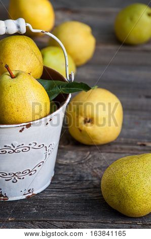 Ripe yellow pears in an iron bucket gray old wooden surface top view