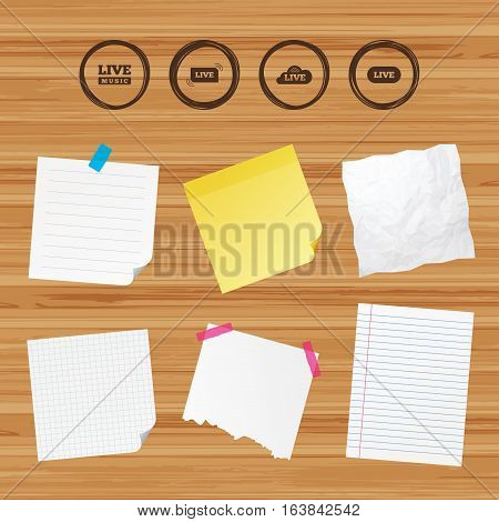 Business paper banners with notes. Live music icons. Karaoke or On air stream symbols. Cloud sign. Sticky colorful tape. Vector