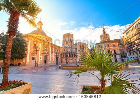 Valencia Spain Virgin Square Architecture with Sunrise