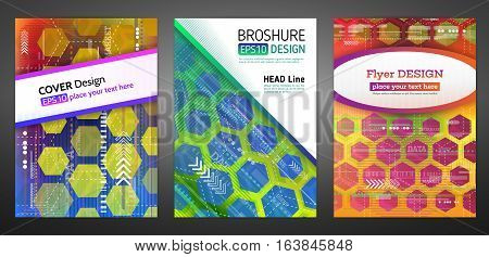Abstract technology brochure. Futuristic book cover layout. Digital corporate business template design of flyer. Geometric hexagon abstract backgrounds of report brochure. Vector illustration eps 10