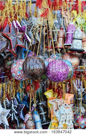 These are Christmas items in an oriental bazaar.