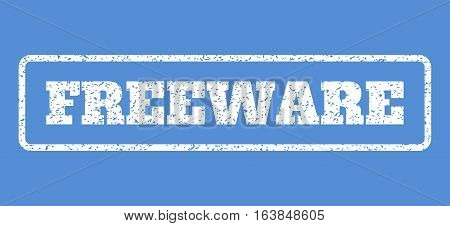 White rubber seal stamp with Freeware text. Vector tag inside rounded rectangular frame. Grunge design and unclean texture for watermark labels. Horisontal sign on a blue background.