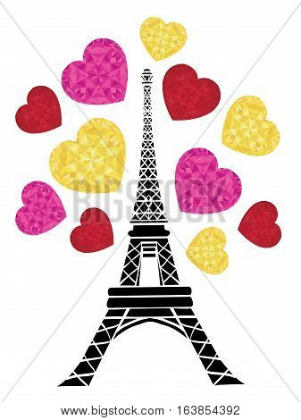 Unique vector Vector Eifel Tower Paris Bursting With St Valentines Day Pink Red Golden Hearts Of Love. Great for travel themed postcards, greeting cards, wedding invitations, products, bags, accessories, luggage, clothing.
