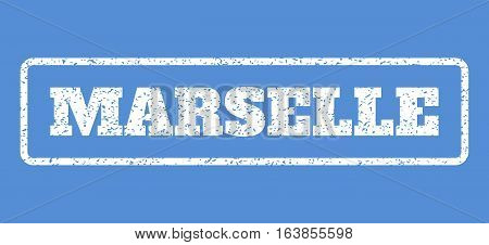 White rubber seal stamp with Marselle text. Vector tag inside rounded rectangular shape. Grunge design and dirty texture for watermark labels. Horisontal emblem on a blue background.