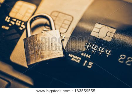 Security lock on credit cards / Credit cards data encryption for security concept