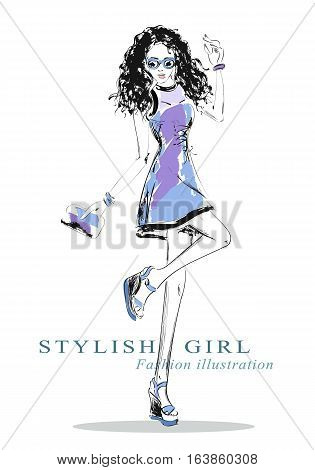 Fashion graphic dancing disco girl. Sketch girl. Vector illustration.