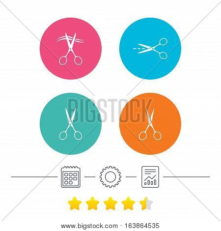 Scissors icons. Hairdresser or barbershop symbol. Scissors cut hair. Cut dash dotted line. Tailor symbol. Calendar, cogwheel and report linear icons. Star vote ranking. Vector