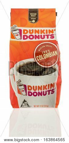 Winneconne WI - 1 January 2017: Bag of Dunkin Donuts 100% Colombian medium roast coffee on an isolated background.