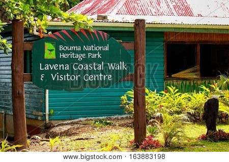 Lavena, Fiji - November 28: Bouma National Heritage Park Visitor Center Sign On November 28, 2013 In