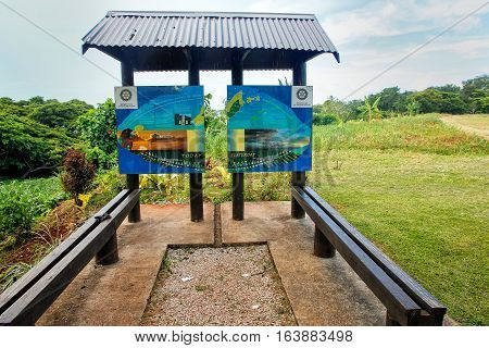 Taveuni, Fiji - November 28: 180-degree Meridian International Date Line Board On November 28, 2013