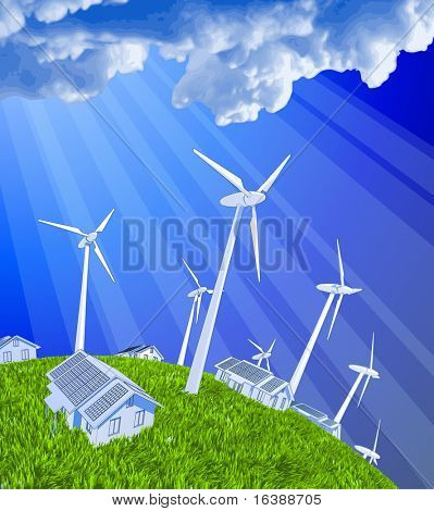 Ökologiekonzept: windbetriebene Generatoren, Häuser mit Solarstromanlagen, blauer Himmel & grüne Gras