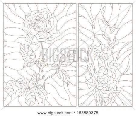 Set contour illustrations in the stained glass style abstract flowers of rose and gladiolus dark outline on a white background