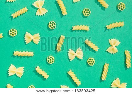 Farfalle, Rotelle And Fusilli Pasta Flat Lay