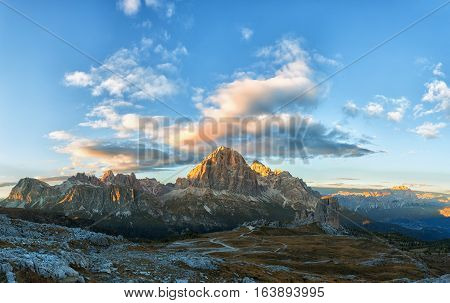 Mountain Cinque Torri (The Five Pillars) at sunset Dolomites Italy