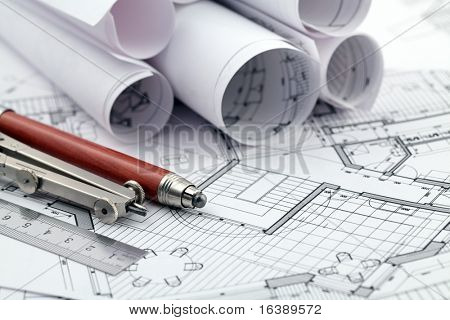 rolos de arquitetura blueprint & ferramentas - régua, lápis, compasso