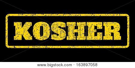 Yellow rubber seal stamp with Kosher text. Vector caption inside rounded rectangular shape. Grunge design and unclean texture for watermark labels. Horisontal sticker on a blue background.
