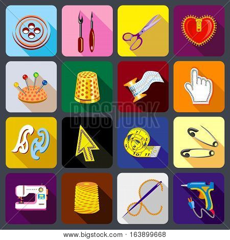 Tailor tools icons set. Flat illustration of 16 tailor tools vector icons for web