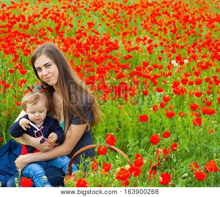 Field of flowers. Happy family, on white background