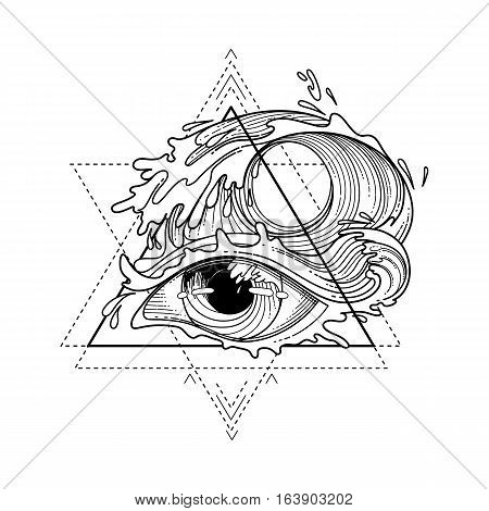 Abstract grphic eye decorated with storm waves. Sacred geometry. Blackwork tattoo or t-shirt design. Coloring book page for adults. Vector art isolated on white background.