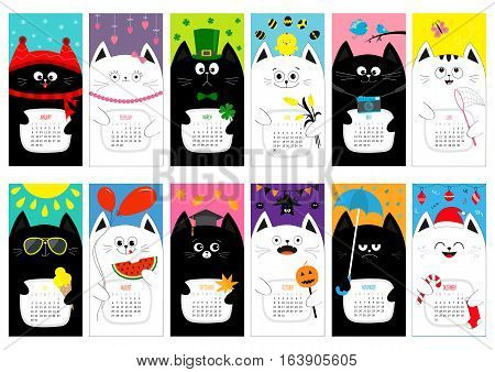 Cat vertical monthly calendar 2017. All month. Cute funny cartoon character set. Happy Valentines St Patrick day Christmas Easter Egg Bird Chicken Umbrella rain. Santa hat sun Flat design Vector