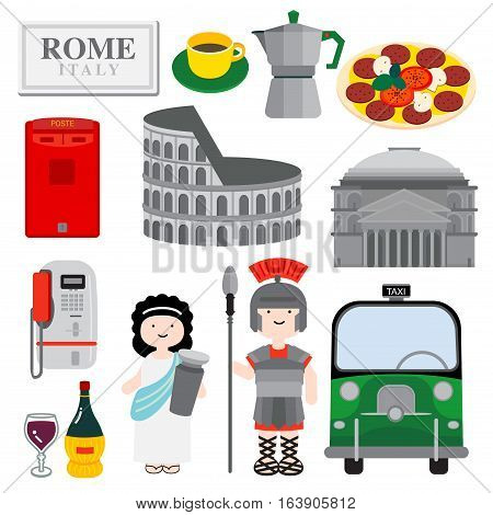 Rome the city with historical icon is illustrated through architecture people food and public objects to show how lovely the city is.
