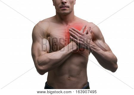 Heart attack middle aged muscular man with chest pain isolated on white background with red dot