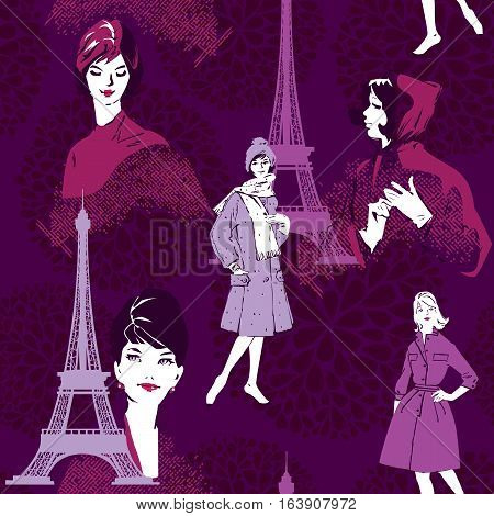Seamless pattern with retro Fashion Woman portraits and city landscape with Effel Tower on a purple floral background.
