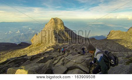 Ranau,Sabah-April 30,2014:Climber move down from Low's Peak to Sayat-Sayat check point of mount Kinabalu,Sabah.Its the highest mountain in Malaysia is one of Borneo's most popular climbers attraction
