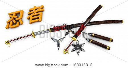 Japanese Katana. Samurai Set Isolated Weapons Whit 3D Ninja Word