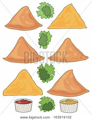 an illustration of six samosas with garnish and two dips on a white background in the format of a food advert