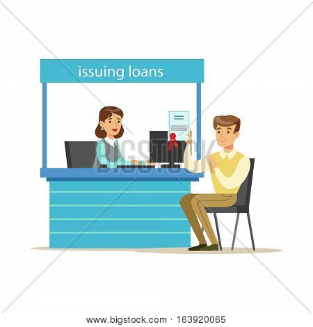 Bank Client Getting A Loan. Bank Service, Account Management And Financial Affairs Themed Vector Illustration. Smiling Cartoon Characters In Bank Office Interior Vector Illustration